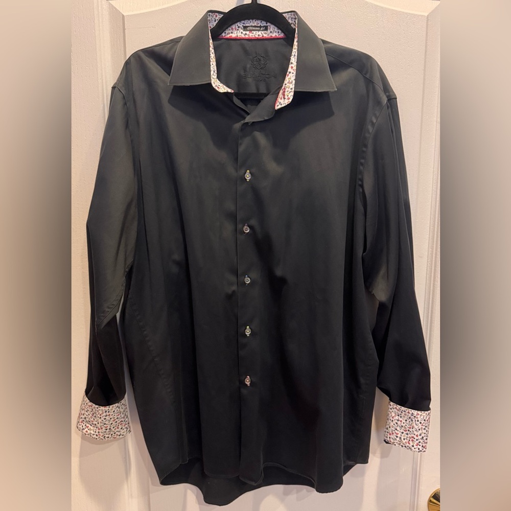 BUGATCHI UOMO Black Cotton Button Down Shirt With Contrasting Cuffs XL